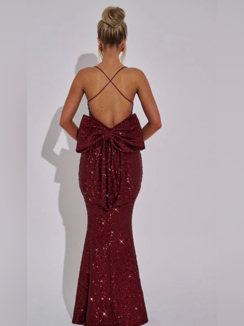 Babyboo Garnet Red Sequin Maxi Gown L Open Back Removable Bow